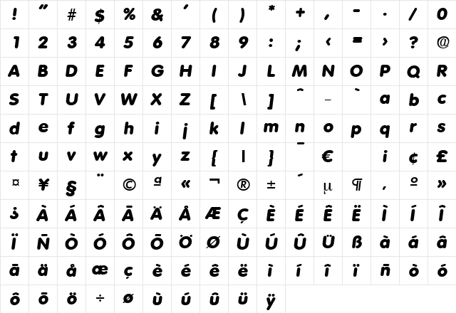 Volkswagen-ExtraBoldIta Regular  glyph index