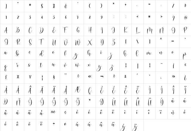 Boullevard Regular  glyph index