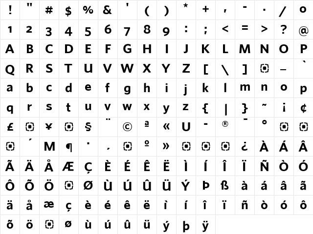 WhitneySans-BoldOSF Regular  glyph index