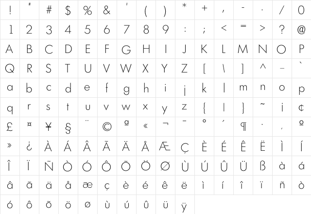Limeri Xlight  glyph index