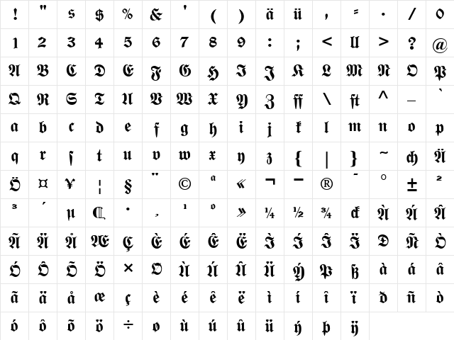 WittenbergerFrakturMTDfr Bold  glyph index