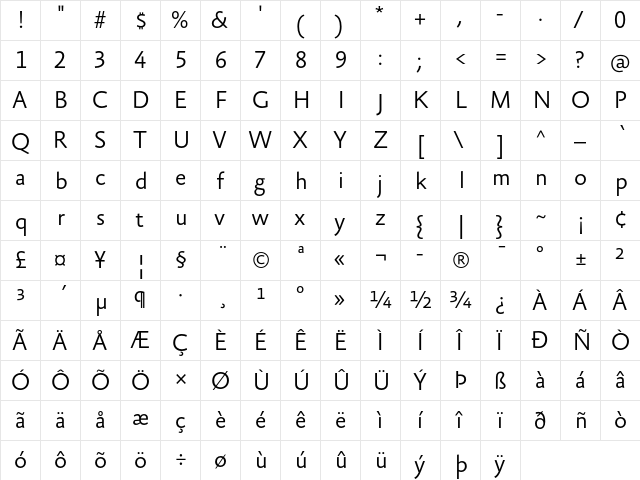 AbsaraSansTF-Light Regular  glyph index