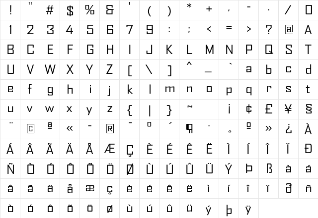 AgencyFB Regular Wide Regular  glyph index