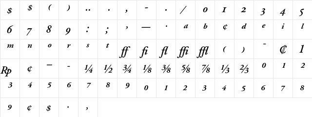 Adobe Garamond Semibold Italic Expert  glyph index