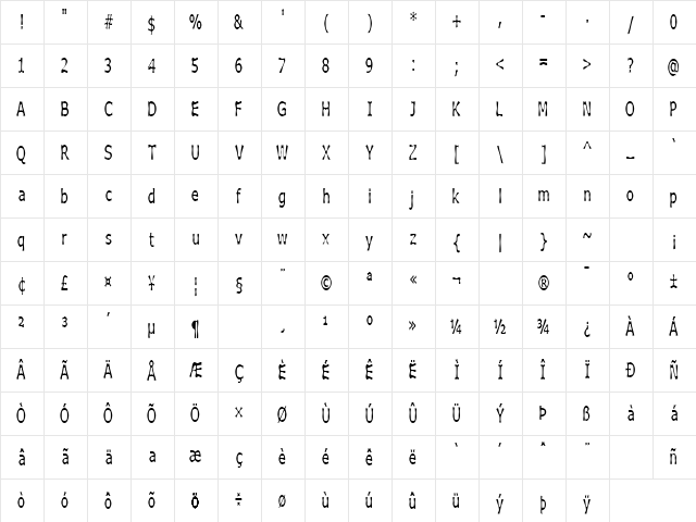 Boneribbon Tall Regular  glyph index