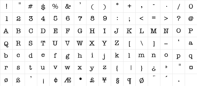 AmericanTypewriter-Light Regular  glyph index