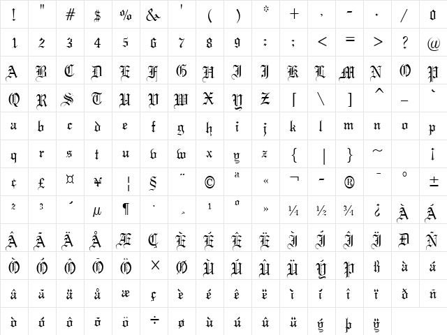 Gothic 57-Condensed Normal  glyph index