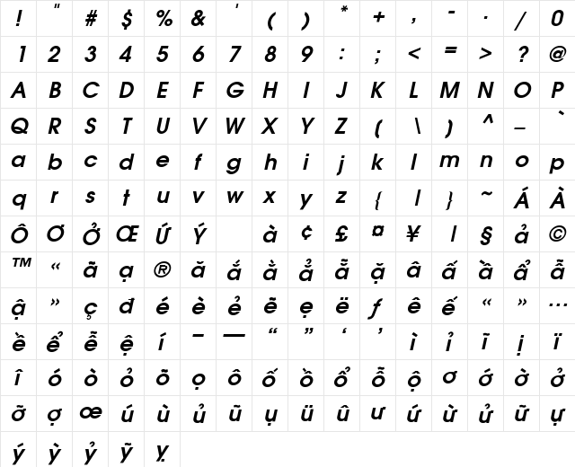 .VnAvant Bold Italic  glyph index