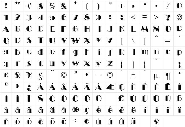Broadway Engraved Regular  glyph index