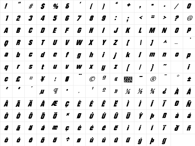 FacetBlack-Xitalic Regular  glyph index