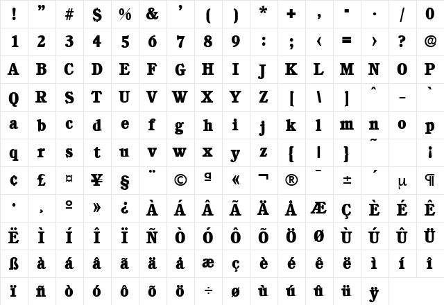 Calgary-Serial-ExtraBold Regular  glyph index