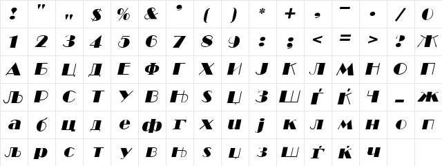 Mak_Broadway Italic  glyph index