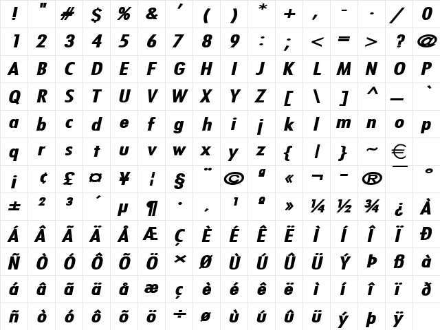FujiExtended BoldItalic  glyph index