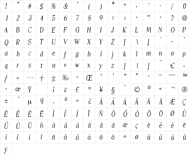Denver-LightIta Regular  glyph index