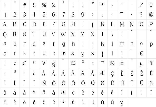 Nashville-Xlight Regular  glyph index