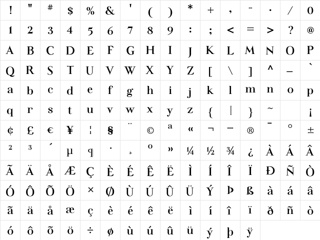 Felina SerifBold Regular  glyph index