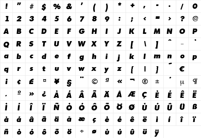 Montreal-HeavyIta Regular  glyph index