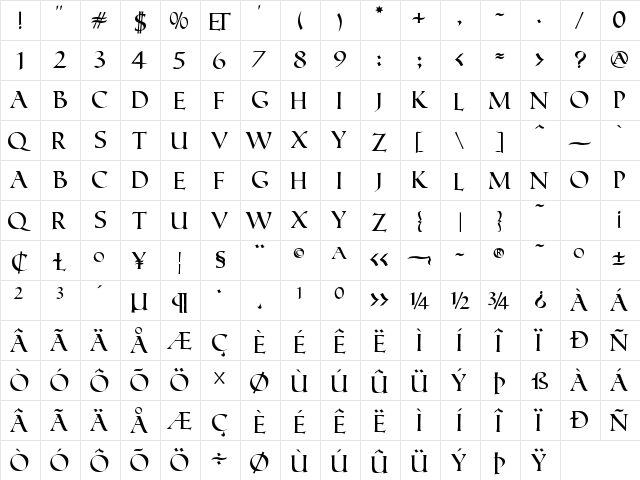 Roman Caps Regular  glyph index