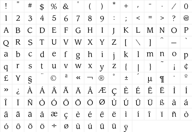 Leawood Book  glyph index