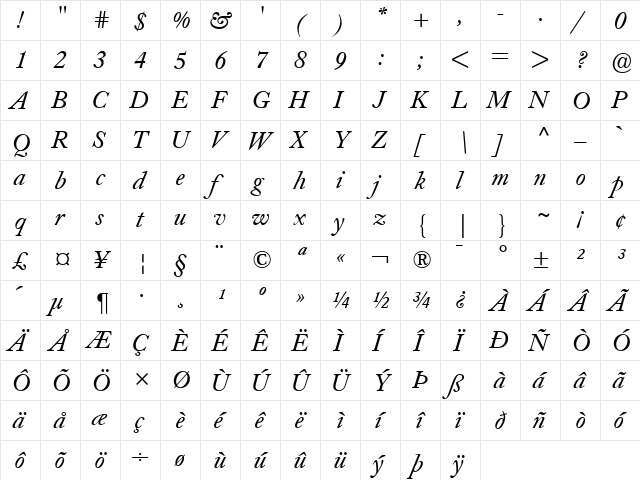 Caslon Book BE Italic  glyph index