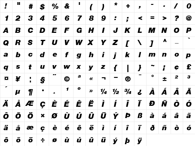 Helvetica96-Black BlackItalic  glyph index