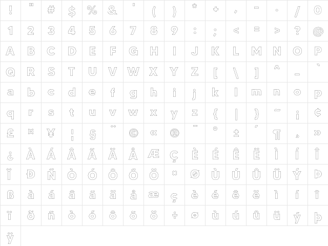 MADE TOMMY Outline Bold  glyph index