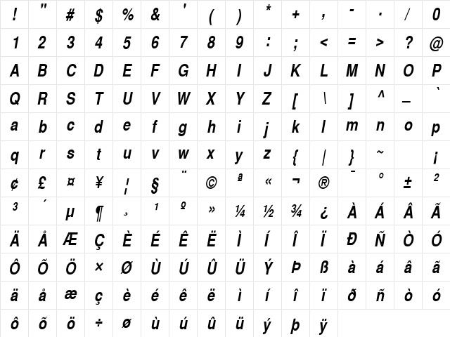 HeaveneticaNarrowSH Bold Oblique  glyph index