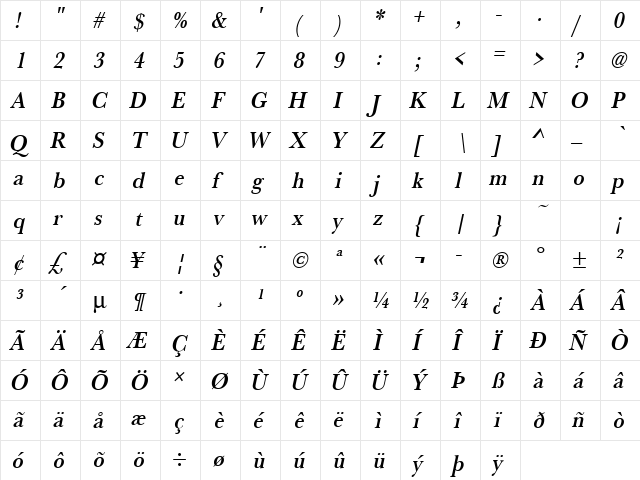 URWBaskerTMedExtNar Oblique  glyph index