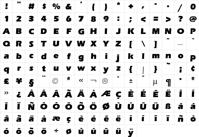 Eras Ultra  glyph index