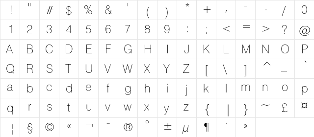 HeliosThinC Regular  glyph index