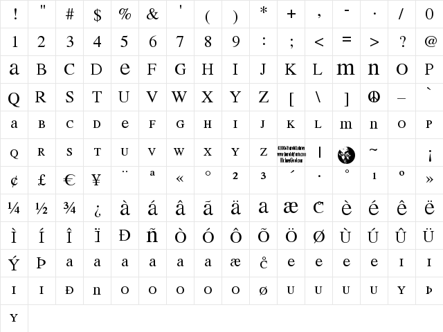 MEAN 26 Serif Regular  glyph index