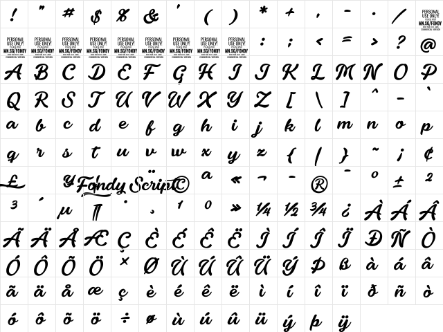 Fondy Script PERSONAL USE ONLY Regular  glyph index