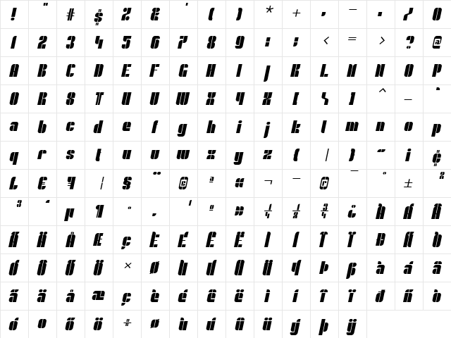 Shuttle Oblique  glyph index