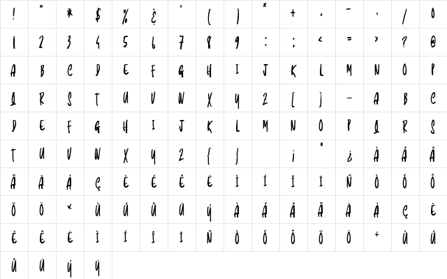 Sunrise Lover Regular  glyph index
