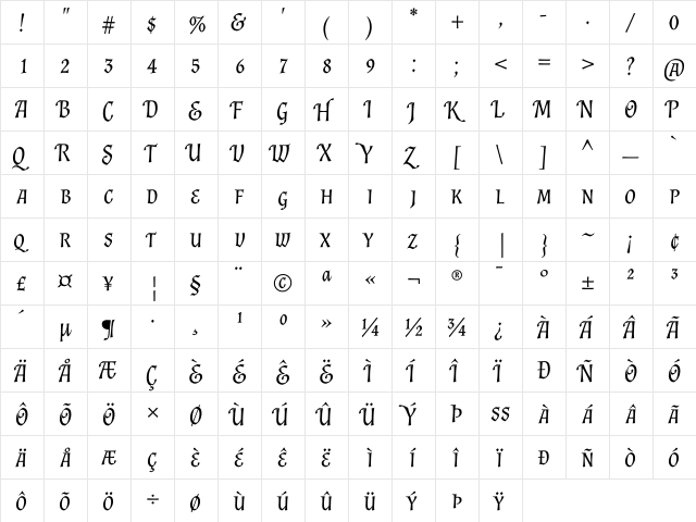 Almendra SC Italic  glyph index