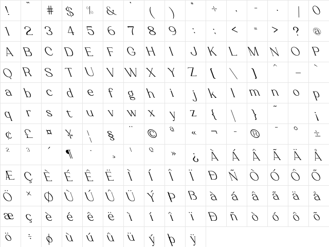 Luimp Oblique Regular  glyph index
