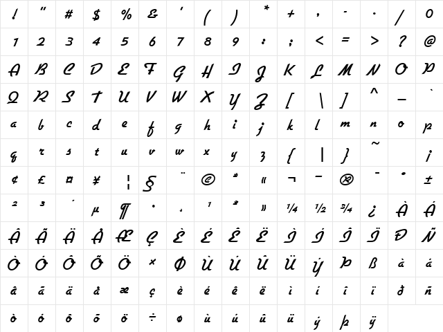 GilliamScript Bold  glyph index