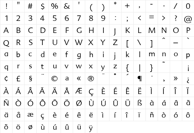 AdvertLight Regular  glyph index