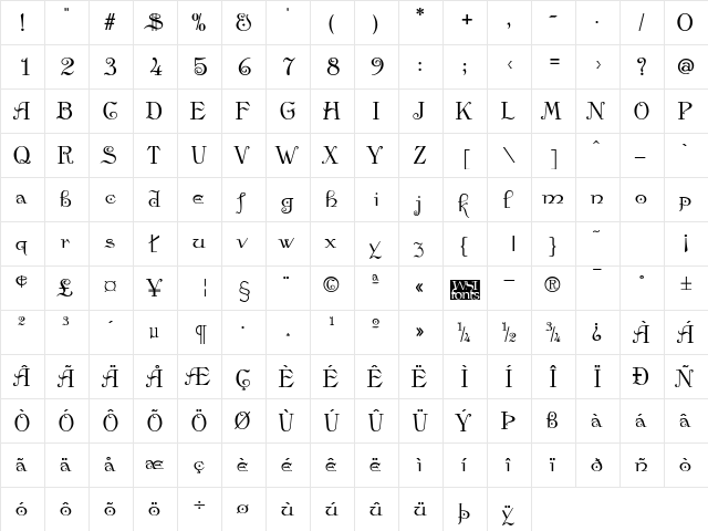 Anglican Bold  glyph index