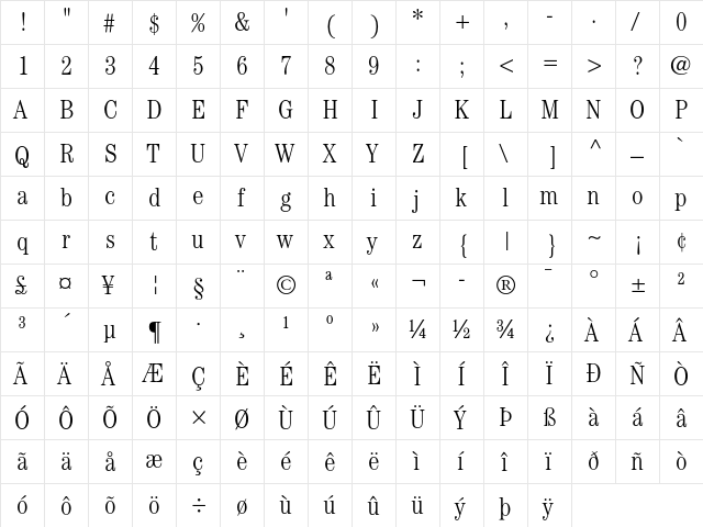 ITC Century Light Condensed  glyph index
