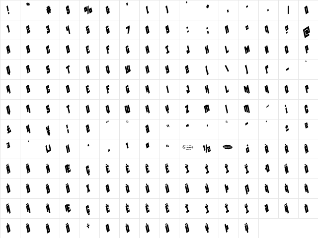 Galaxy Force Leftalic Italic  glyph index