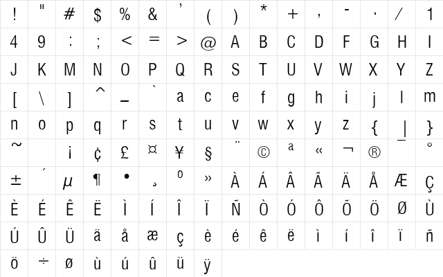 CorporateCondensed Light  glyph index
