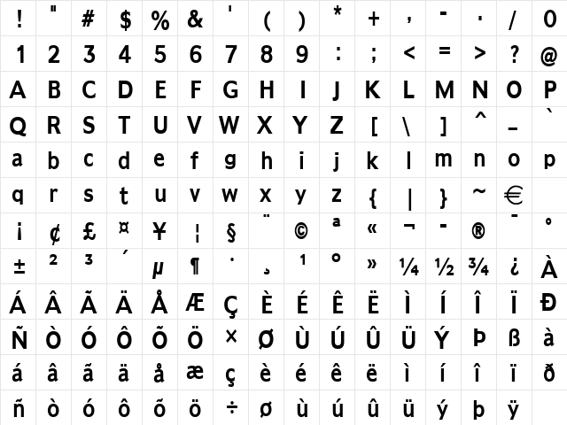 AdamsCondensed Bold  glyph index