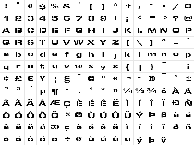 MicroStencil-Black Regular  glyph index