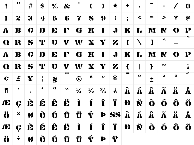 Dirty Baker's Dozen Regular  glyph index