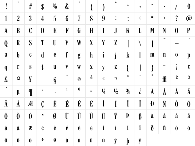 CenturyFB BoldCondensed  glyph index