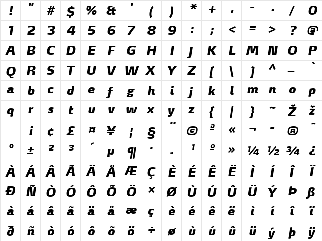 MaxDemiSerifLF-BlackItalic Regular  glyph index